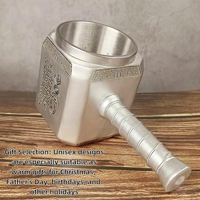 Thor Hammer Mug Tankard Nordic Style Decorations Stainless Steel Resin Norse Mythology Mjolnir Beer Mug for Home, Parties, Gifts 15.2 Oz (450ml) (Silver) (Silver)