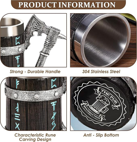 Viking Mug - Nordic Viking Rune Mug, Norse Mythology Gifts, Beer Cup, Tankard Cup for Men, Wooden Barrel Cool Coffee Mugs, Beer Stein for Nordic Decor, Norse Decor (Style 1)