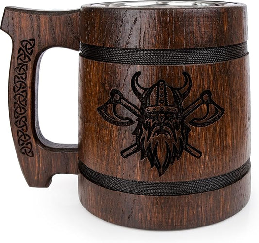 TESLYAR Beer Mug 20 OZ - Viking mug - Tankard Mug - Beer stein - Wooden beer mug - Handmade Gifts for Men | Fathers Day | Christmas | Birthday Gifts | Norse & Celtic Men Mugs - Dark Viking
