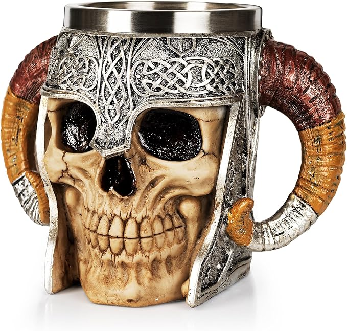 Skull Mug Viking Mugs/Drinking Cup - Unique Skeleton Resin Beer Stein Tankard Coffee Mug Tea Cup - Halloween Bar Drinkware Gift for Men，Valentine's Day Present